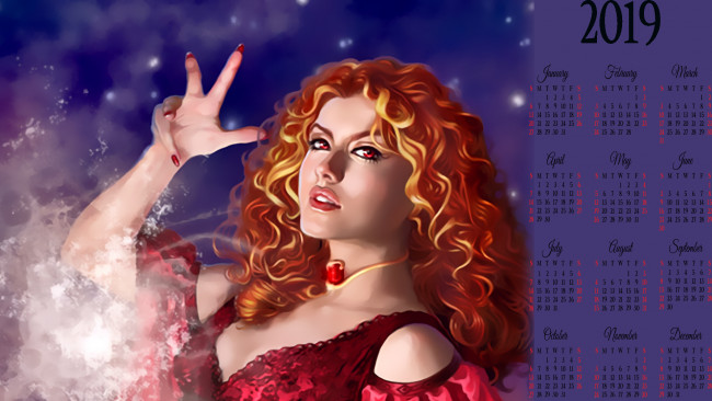 Обои картинки фото календари, фэнтези, взгляд, дым, рыжий, женщина
