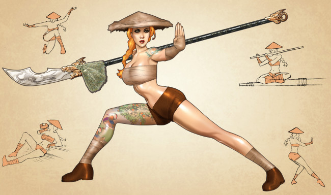 Обои картинки фото рисованное, комиксы, девушка, тату, взгляд, фон