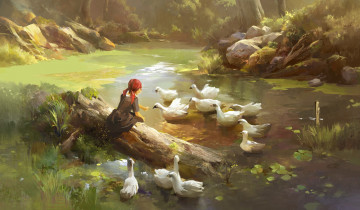 Картинка рисованное люди девочка птицы бревно