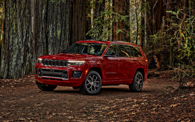 Обои картинки фото автомобили, jeep, 2021, grand, cherokee, l, вид, спереди, красный, внедорожник, новый, американские, джип, лес