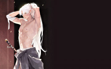 Картинка аниме inuyasha парень эльф бинт меч торс