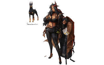 Картинка аниме животные +существа девушка плащ сигарета чемодан собака