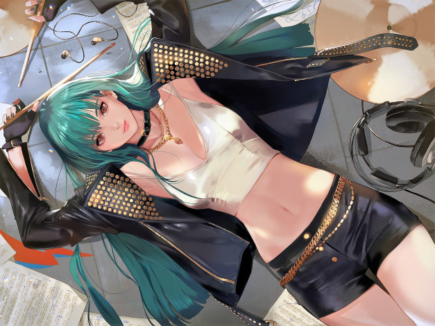 Обои картинки фото аниме, музыка, девушка, куртка, шорты, наушники, палочки