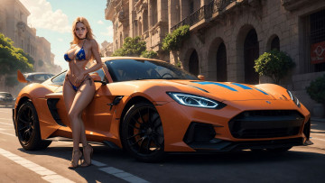 обоя рисованное, люди, девушка, авто, улица