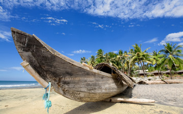 Картинка корабли лодки шлюпки пальмы тропики облака