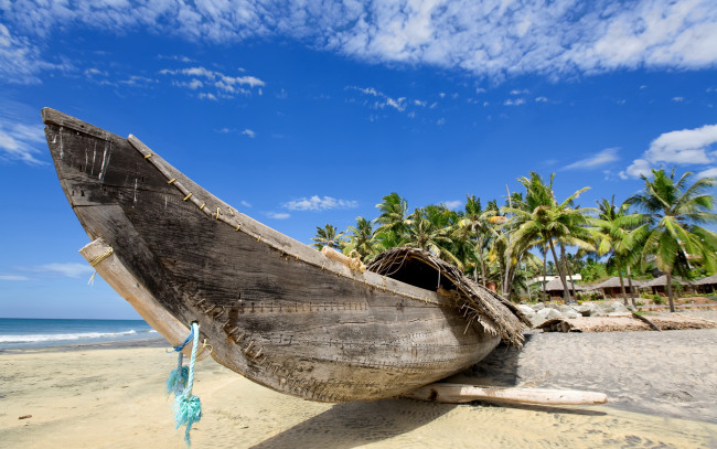 Обои картинки фото корабли, лодки, шлюпки, пальмы, тропики, облака