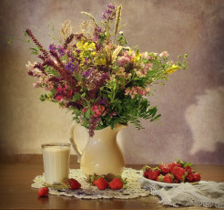 Картинка еда натюрморт клубника букет молоко