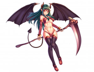 Картинка аниме -angels+&+demons рожки белый фон девушка коса демон крылья