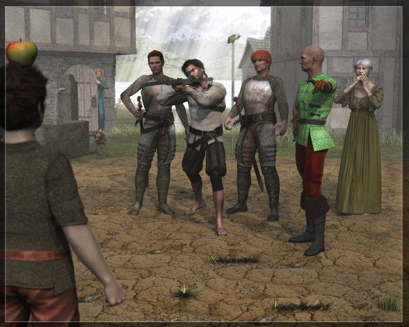 Обои картинки фото 3д графика, люди , people, арбалет, девушка, мужчины, яблоко