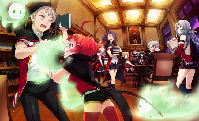 Обои картинки фото аниме, -halloween & magic, полки, книги, драка, парень, девушка, возмущение, люди