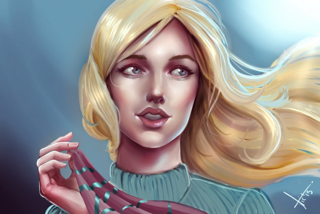 Обои картинки фото рисованные, люди, кофта, рука, волосы, девушка, лицо, взгляд