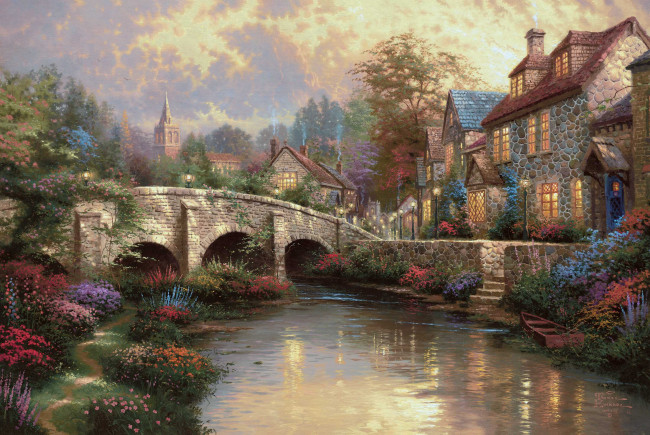Обои картинки фото cobblestone brooke, рисованные, thomas kinkade, дом, река, лодка, мост