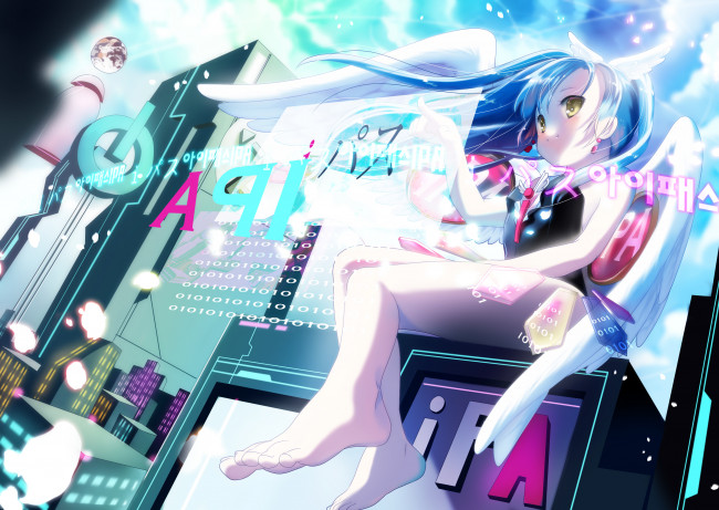 Обои картинки фото аниме, -angels & demons, буквы, крылья, технологии, девушка