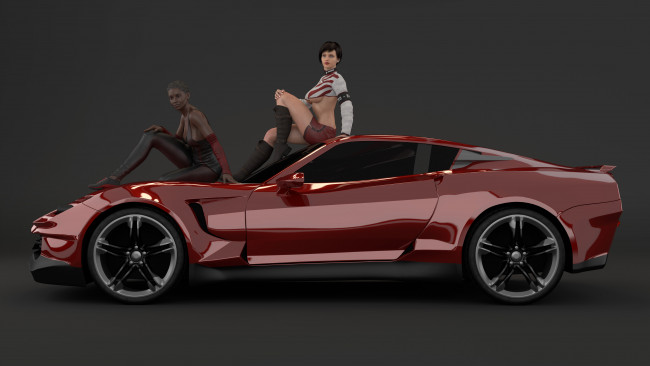 Обои картинки фото автомобили, 3d car&girl, автомобиль, фон, взгляд, девушки