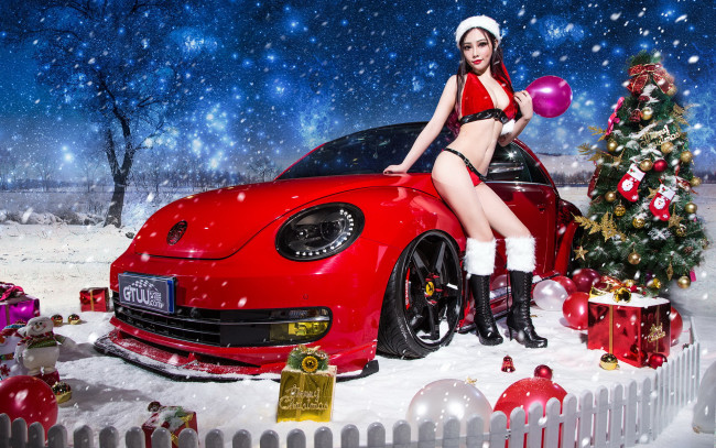 Обои картинки фото автомобили, -авто с девушками, подарки, снегурочка, зима, снег, автомобиль, фон, взгляд, девушка