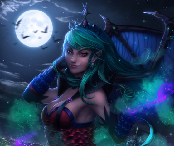 Обои картинки фото фэнтези, вампиры, красота, крылья, evelyn, волосы, луна, ночь, девушка, платье, вампир, полнолуние, арт