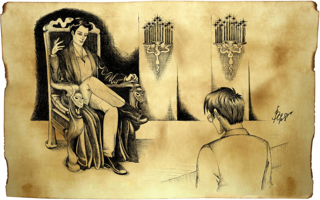 Обои картинки фото рисованное, кино, том, реддл, гарри, поттер, трон, свечи