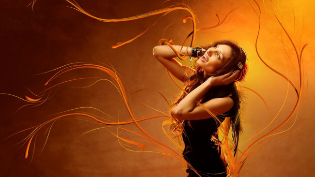 Обои картинки фото музыка, -другое, взгляд, девушка, эмоции, наушники, узор