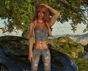 Картинка 3д+графика люди-авто мото+ people-+car+ +moto девушка взгляд фон