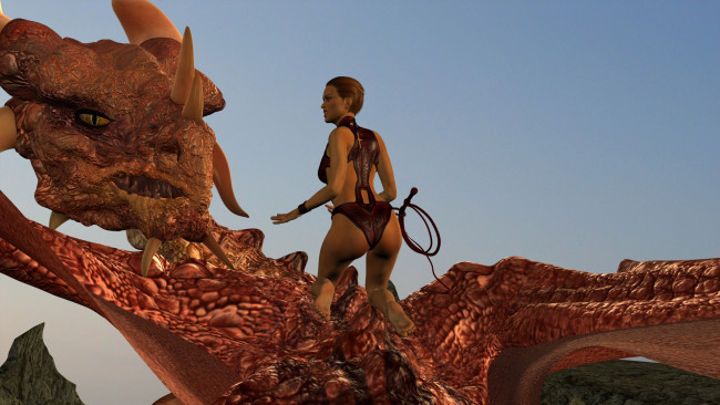 Обои картинки фото 3д графика, фантазия , fantasy, дракон, фон, взгляд, девушка