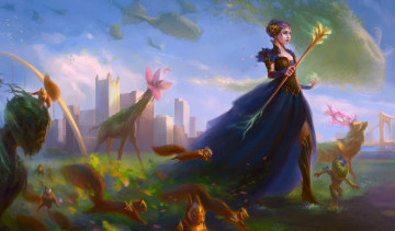 Картинка фэнтези феи девушка фон платье животные