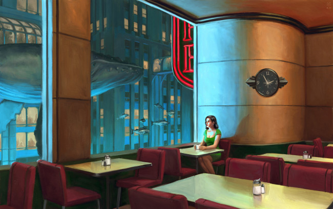 Обои картинки фото фэнтези, девушки, девушка, фон, кафе, столик, окно