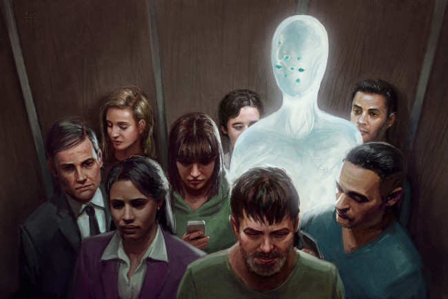 Обои картинки фото фэнтези, существа, лифт, люди, фон, существо