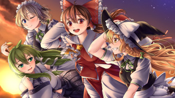 обоя аниме, touhou, женщина, reimu, hakurei, marisa, kirisame, sakuya, izayoi, sanae, kochiya