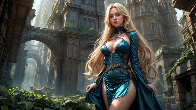 Обои картинки фото фэнтези, девушки, девушка, блондинка, наряд, листья, замок