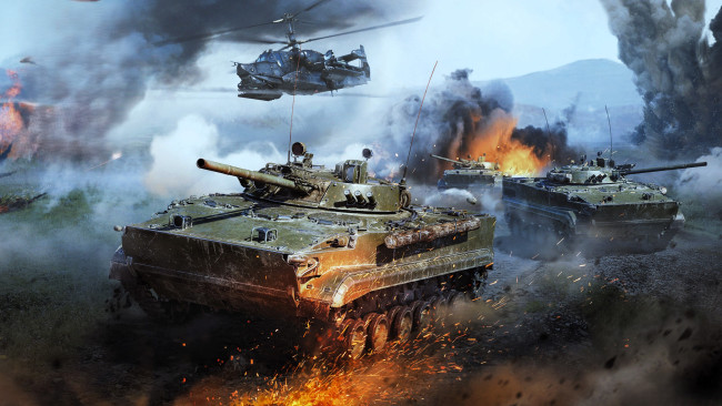 Обои картинки фото видео игры, war thunder, вертолет, танки, огонь, дым