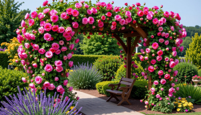 Обои картинки фото 3д графика, природа , nature, парк, скамейка, арка, розы, клумбы