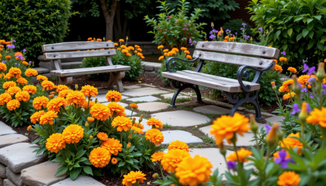 Обои картинки фото 3д графика, природа , nature, парк, скамейки, бархатцы