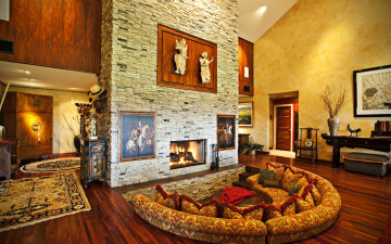 Картинка интерьер гостиная диван камин