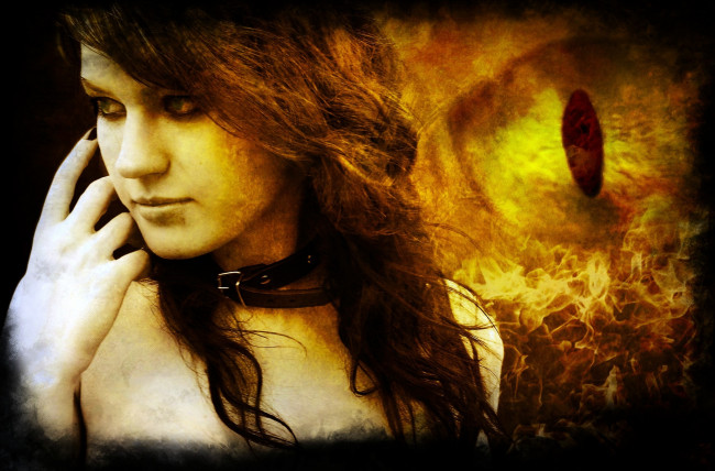 Обои картинки фото фэнтези, девушки, глаз, ошейник, огонь
