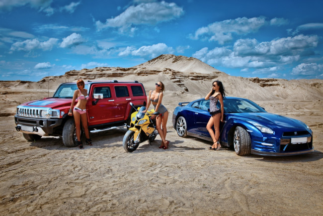 Обои картинки фото автомобили, авто, девушками, девушки, мотоцикл, hummer, nissan, bmw