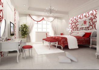 Картинка 3д графика realism реализм подушки кровать стол стул окно картины зеркало растение