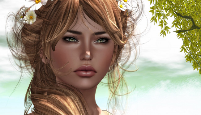 Обои картинки фото 3д, графика, portraits, портрет, волосы, лицо, цветы