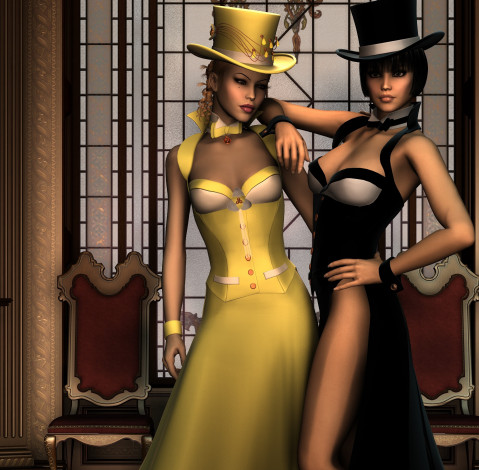 Обои картинки фото 3д графика, люди , people, шляпа, взгляд, девушки