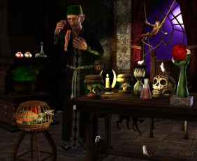 Картинка 3д+графика фантазия+ fantasy sorcerers взгяд фон мыши клетка дракон стол свечи череп