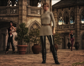 Картинка 3д+графика люди+ people двор фон девушки взгляд дома