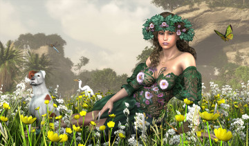 Картинка 3д+графика люди+ people девушка взгляд фон венок аист стрекоза цветы бабочка собака лес горы