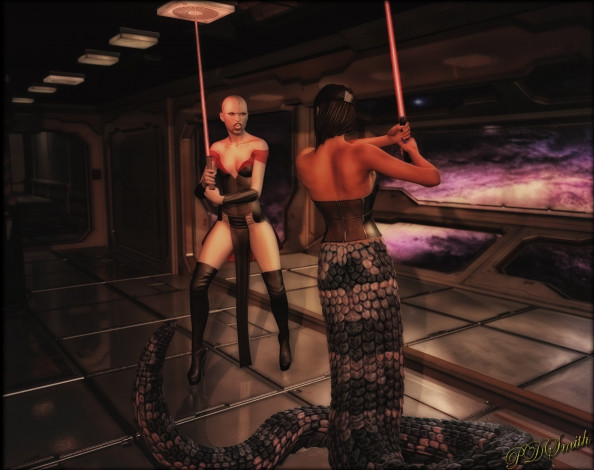 Обои картинки фото 3д графика, фантазия , fantasy, змея, фон, взгляд, девушка, оружие