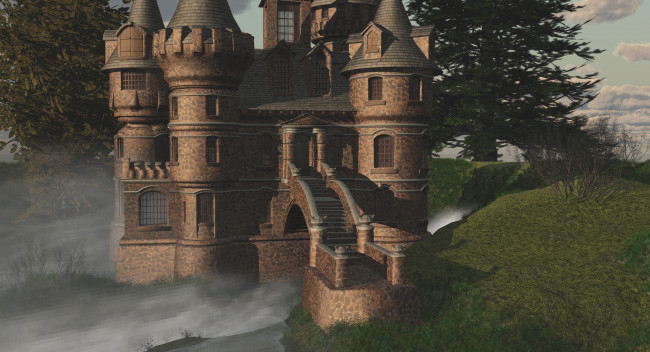 Обои картинки фото 3д графика, архитектура , architecture, замок, лес, река