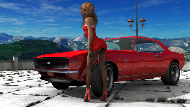 Обои картинки фото автомобили, 3d car&girl, автомобиль, фон, взгляд, девушка