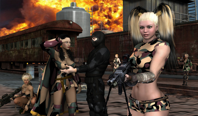 Обои картинки фото 3д графика, фантазия , fantasy, оружие, ниндзя, девушки, взгляд, фон