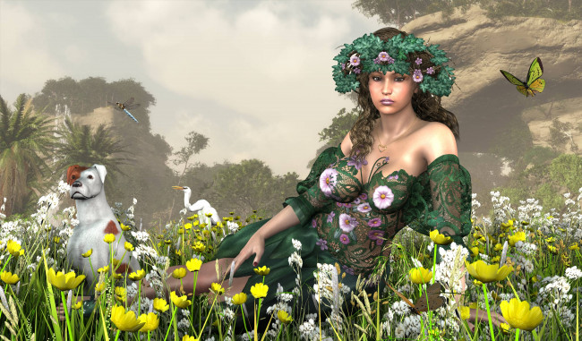 Обои картинки фото 3д графика, люди , people, девушка, взгляд, фон, венок, аист, стрекоза, цветы, бабочка, собака, лес, горы
