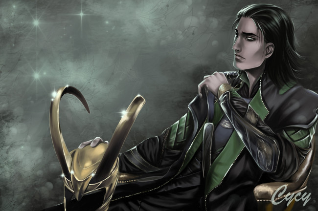 Обои картинки фото рисованное, кино, шлем, рога, локи, арт, парень