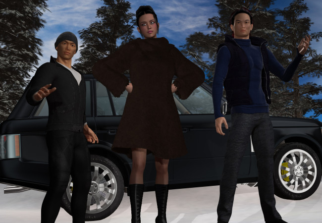 Обои картинки фото 3д графика, фантазия , fantasy, парни, взгляд, фон, девушка, автомобиль