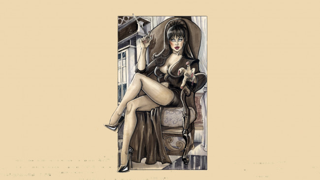 Обои картинки фото рисованное, люди, фон, девушка, кресло, сигарета, взгляд