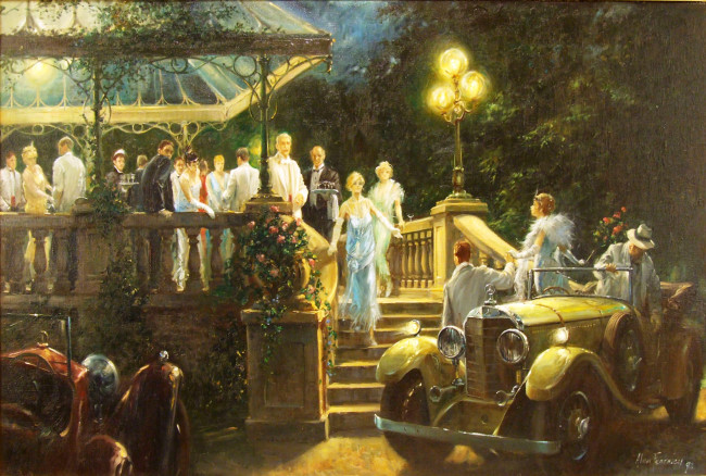 Обои картинки фото рисованное, живопись, гости, машина, люди, ретро, прием